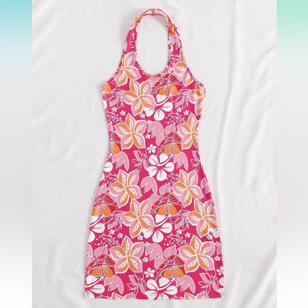 Hawaiian Floral Halter Dress
